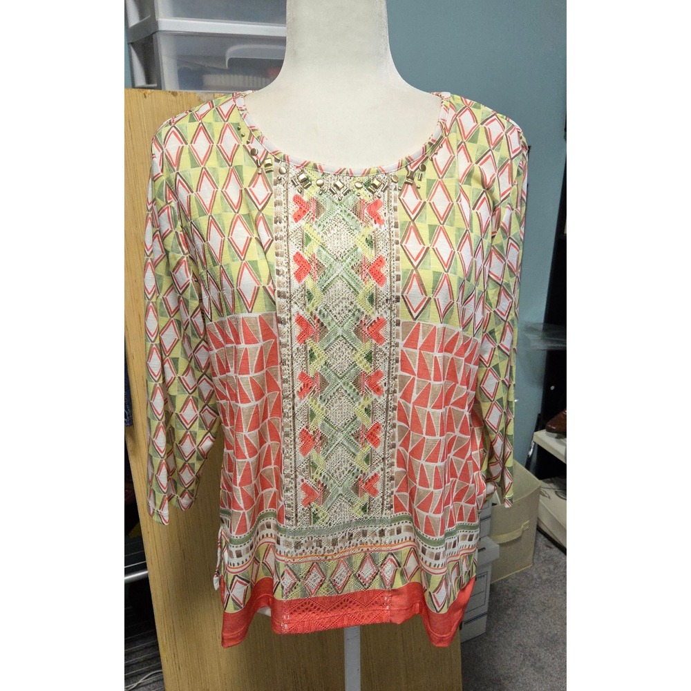 Alfred Dunner Blouse Petite 3/4 Sleeve Geometric‎ Print Top PL